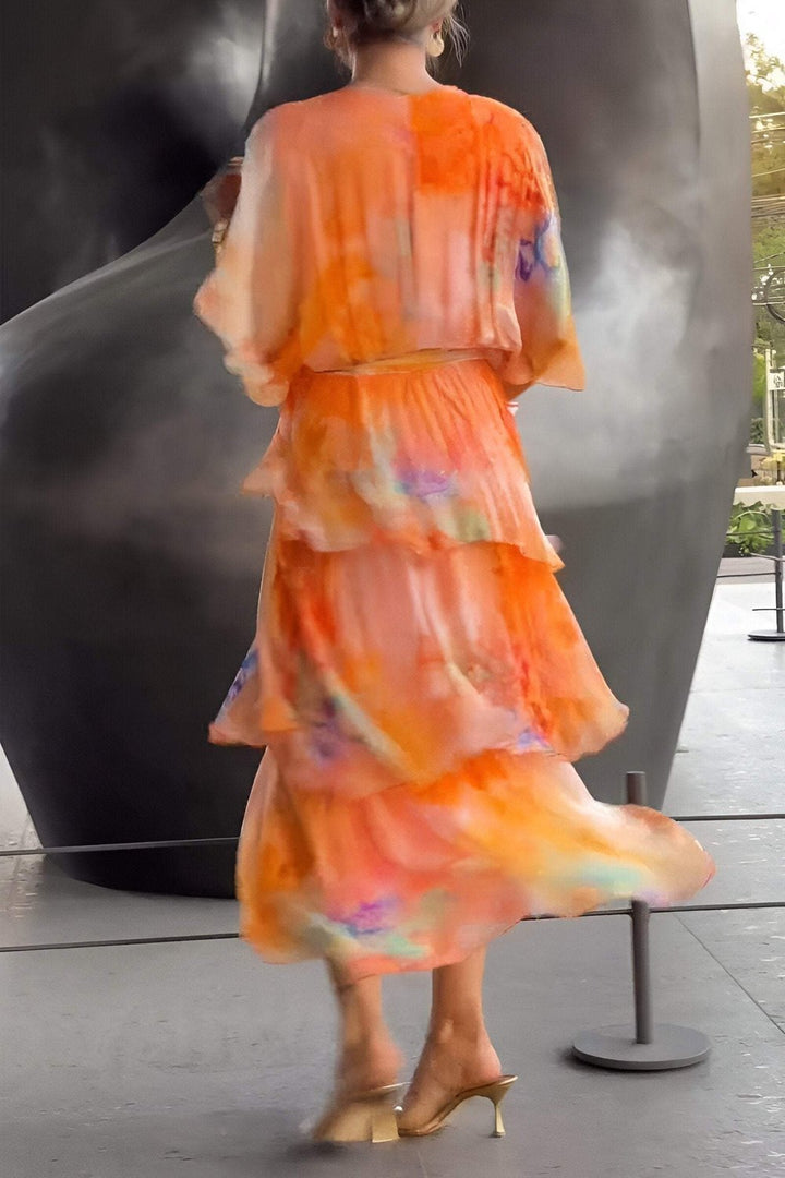 Women's Floral Watercolor Tiered Chiffon Maxi Dress