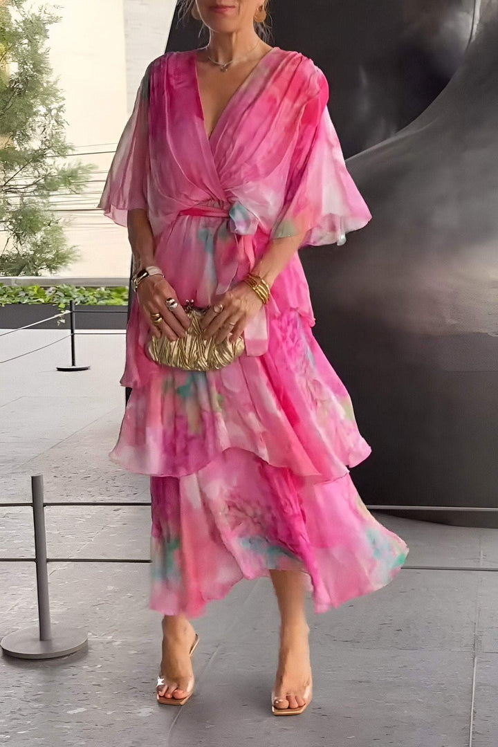 Women's Floral Watercolor Tiered Chiffon Maxi Dress - Pink
