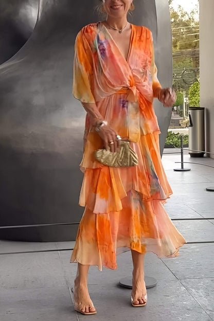 Women's Floral Watercolor Tiered Chiffon Maxi Dress - Orange