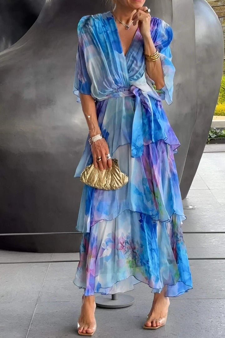 Women's Floral Watercolor Tiered Chiffon Maxi Dress
