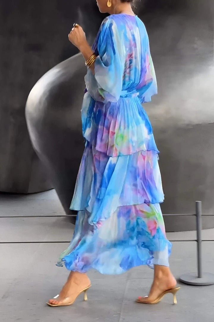 Women's Floral Watercolor Tiered Chiffon Maxi Dress