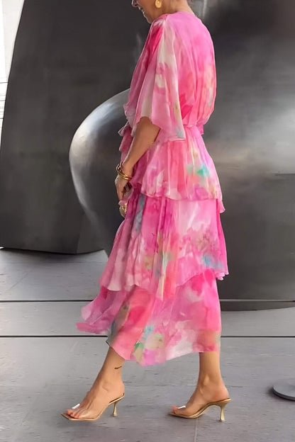Women's Floral Watercolor Tiered Chiffon Maxi Dress