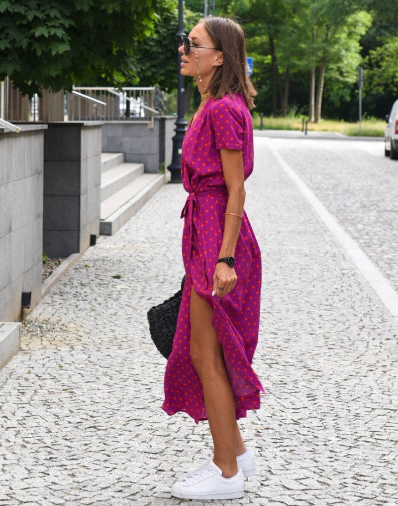 Women's Floral Wrap V-Neck Tie-Waist Short Sleeve Midi Dress