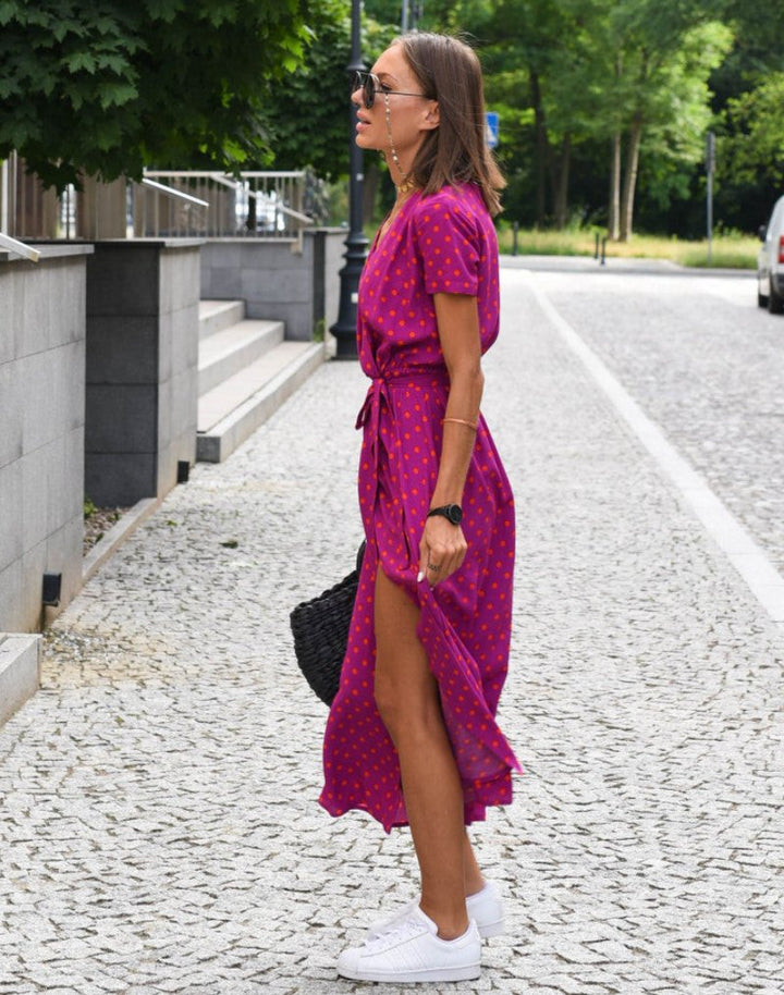 Women's Floral Wrap V-Neck Tie-Waist Short Sleeve Midi Dress