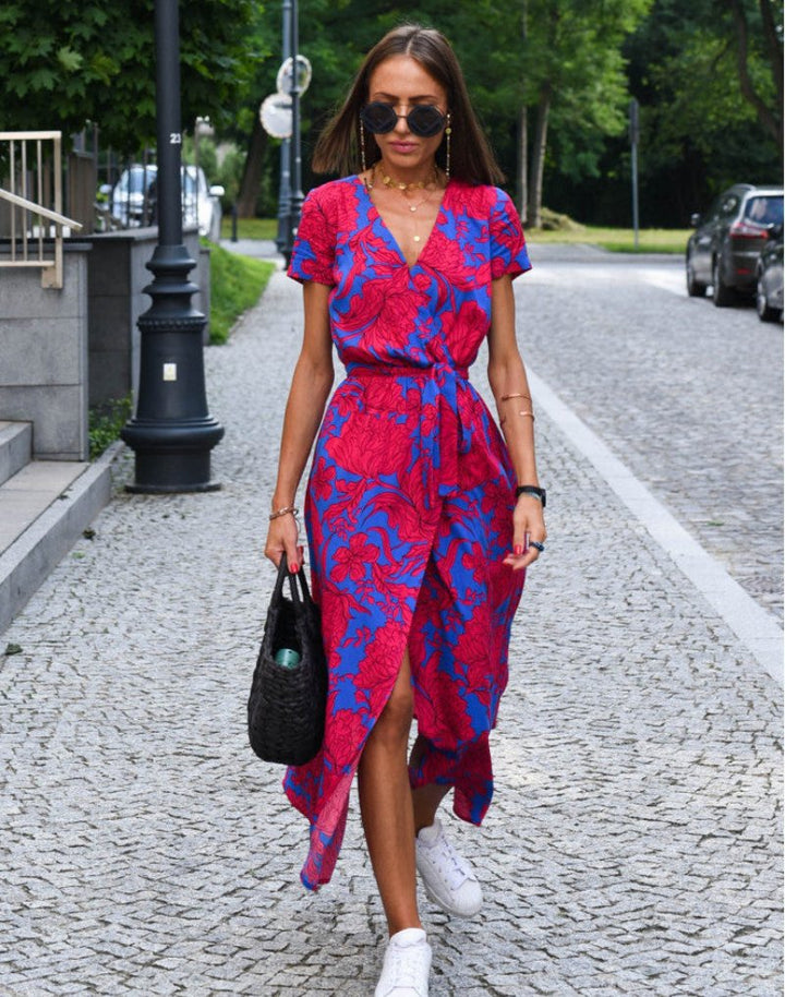 Women's Floral Wrap V-Neck Tie-Waist Short Sleeve Midi Dress - Red