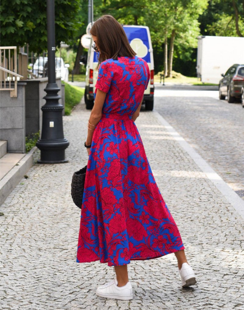 Women's Floral Wrap V-Neck Tie-Waist Short Sleeve Midi Dress