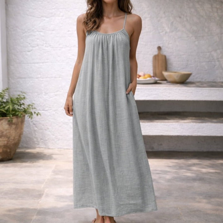 Women's Flowy Spaghetti-Strap Gathered Maxi Dress Pockets