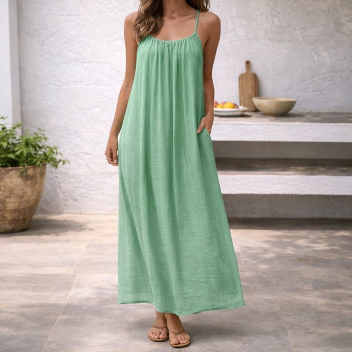Women's Flowy Spaghetti-Strap Gathered Maxi Dress Pockets