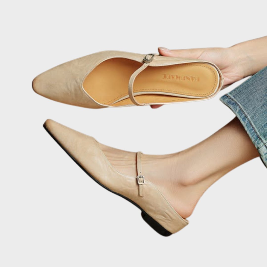 Women's Genuine Leather Ankle-Strap Pointed-Toe Mules - Beige
