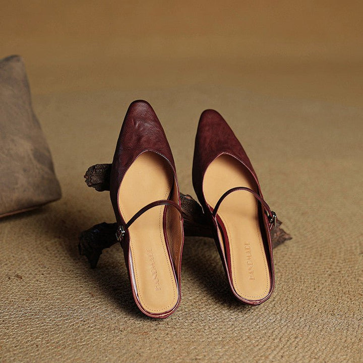 Women's Genuine Leather Ankle-Strap Pointed-Toe Mules