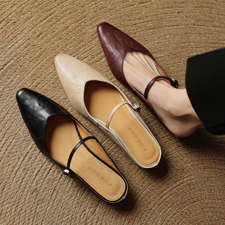Women's Genuine Leather Ankle-Strap Pointed-Toe Mules