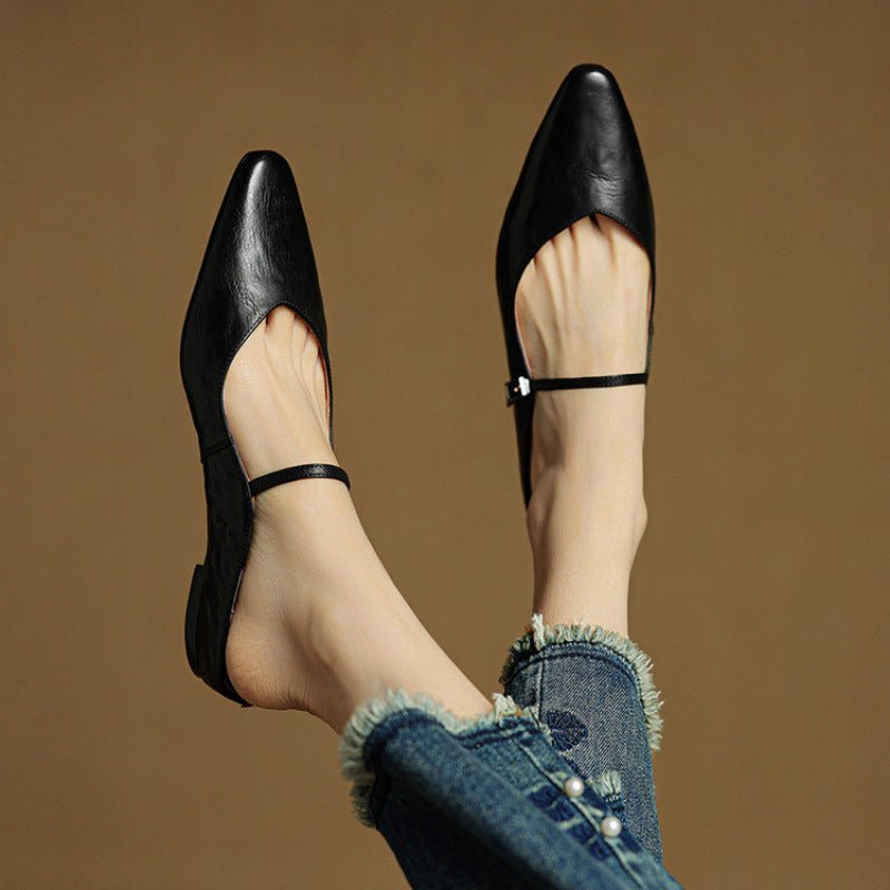 Women's Genuine Leather Ankle-Strap Pointed-Toe Mules - Black