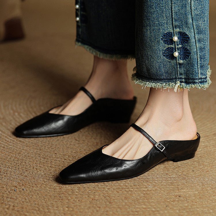 Women's Genuine Leather Ankle-Strap Pointed-Toe Mules