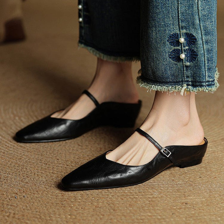 Women's Genuine Leather Ankle-Strap Pointed-Toe Mules