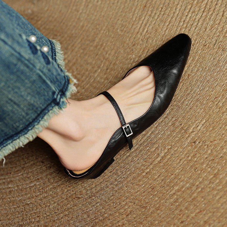 Women's Genuine Leather Ankle-Strap Pointed-Toe Mules