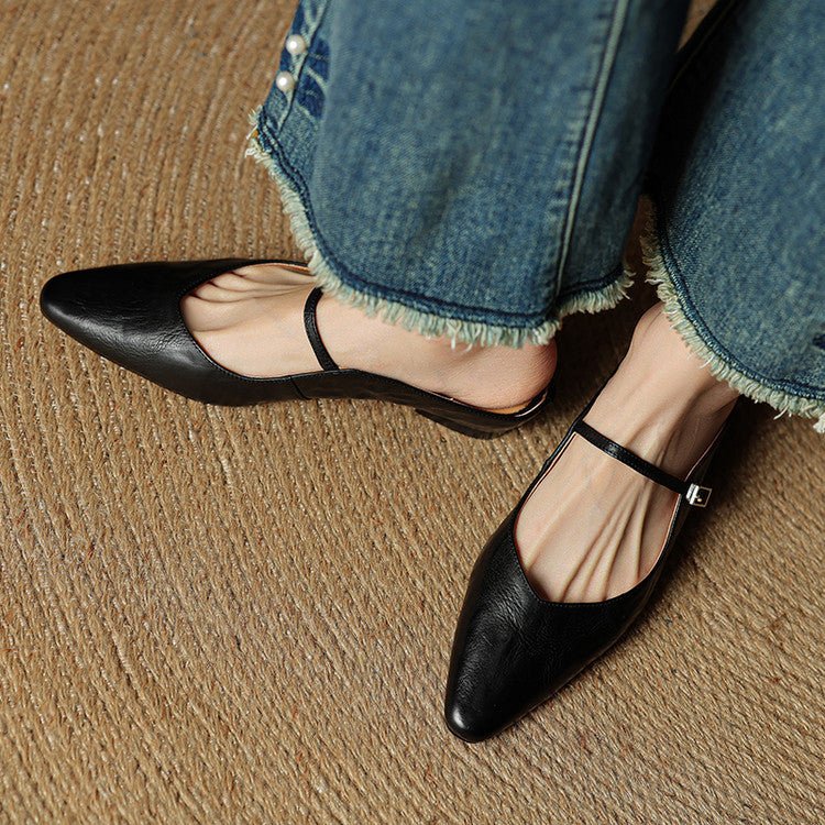 Women's Genuine Leather Ankle-Strap Pointed-Toe Mules
