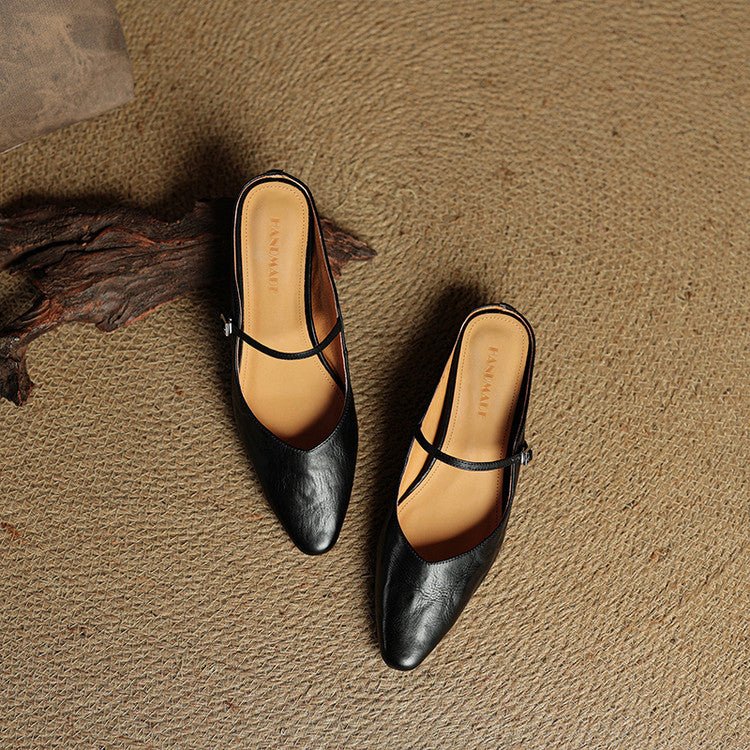 Women's Genuine Leather Ankle-Strap Pointed-Toe Mules