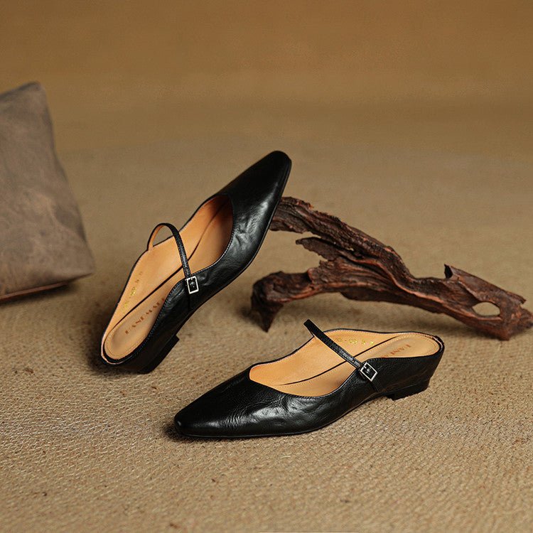 Women's Genuine Leather Ankle-Strap Pointed-Toe Mules