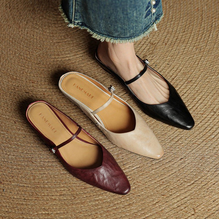 Women's Genuine Leather Ankle-Strap Pointed-Toe Mules