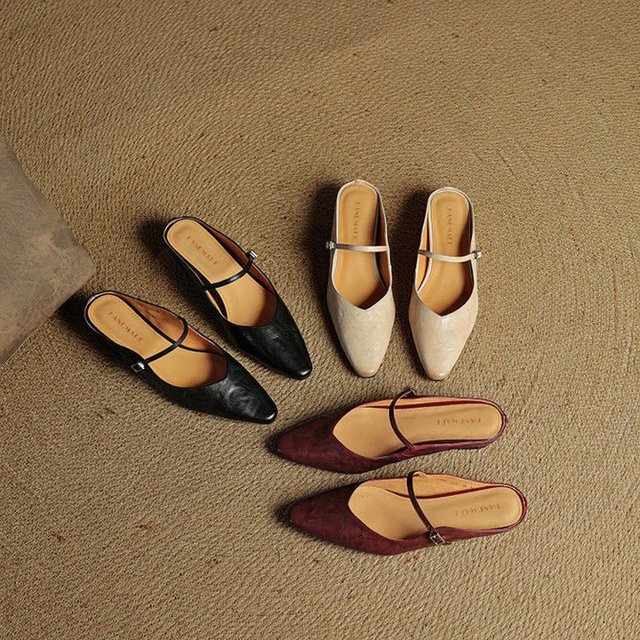 Women's Genuine Leather Ankle-Strap Pointed-Toe Mules