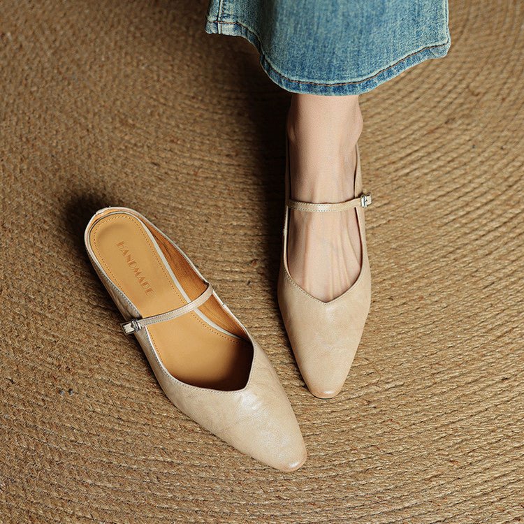 Women's Genuine Leather Ankle-Strap Pointed-Toe Mules