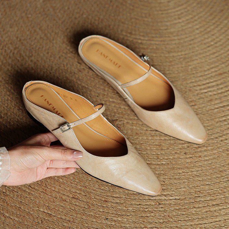 Women's Genuine Leather Ankle-Strap Pointed-Toe Mules
