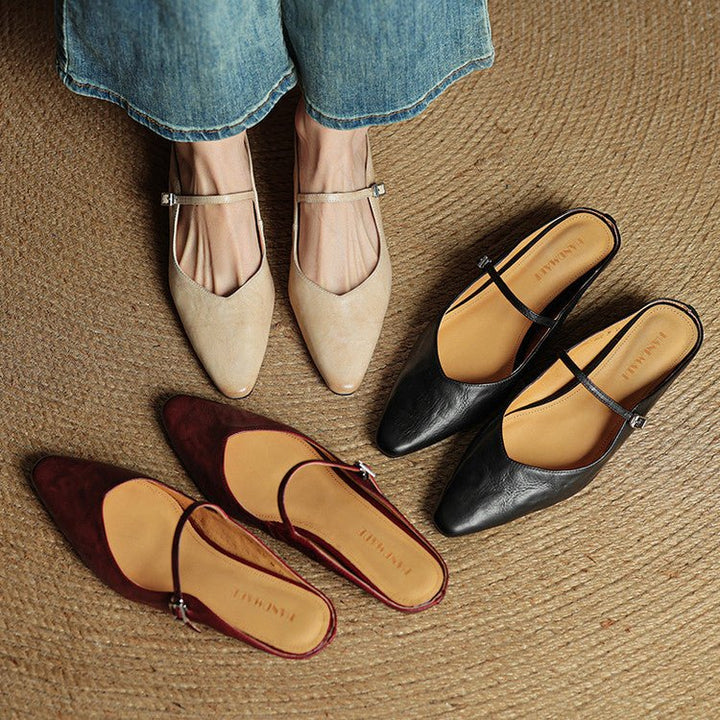 Women's Genuine Leather Ankle-Strap Pointed-Toe Mules