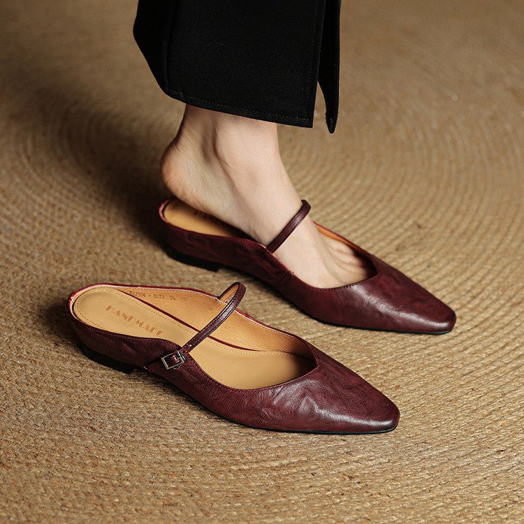 Women's Genuine Leather Ankle-Strap Pointed-Toe Mules - Maroon