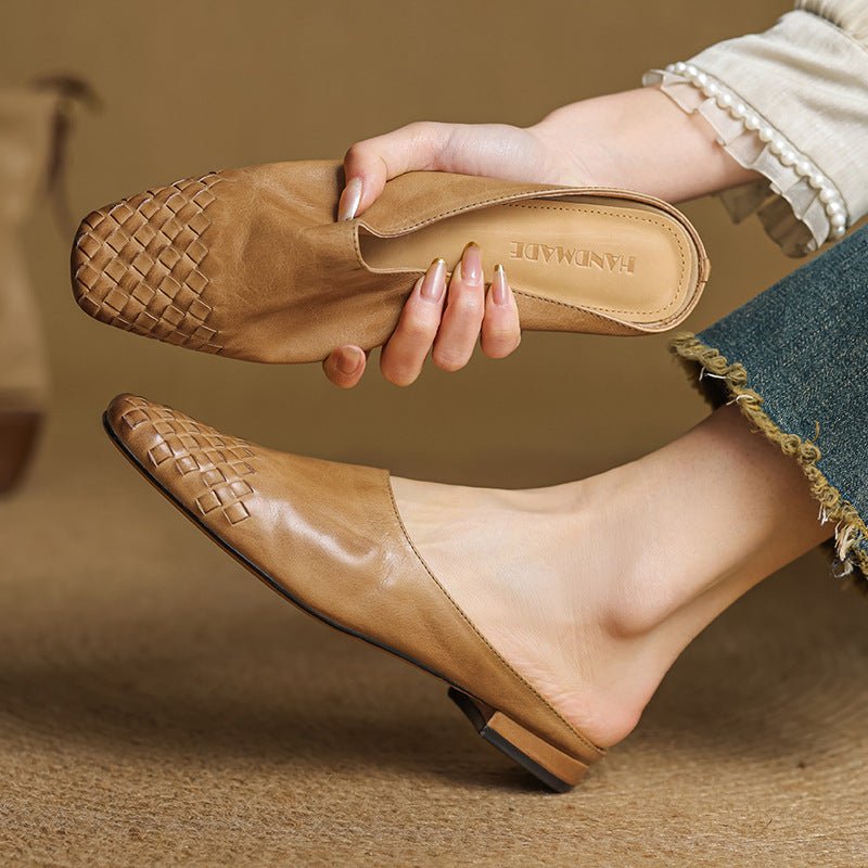 Women's Genuine Leather Woven Square-Toe Mules - Khaki