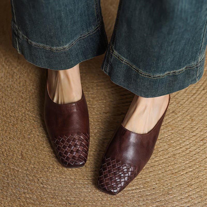 Women's Genuine Leather Woven Square-Toe Mules