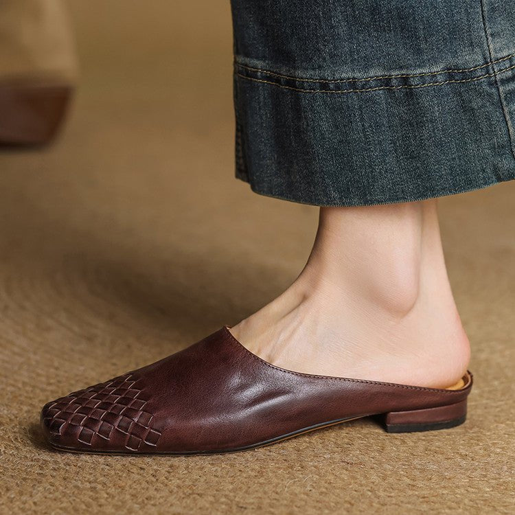 Women's Genuine Leather Woven Square-Toe Mules