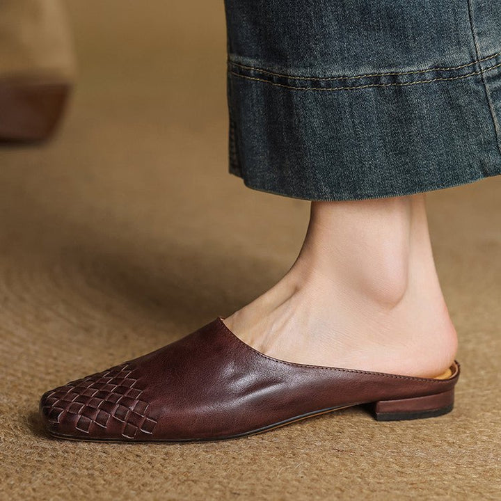 Women's Genuine Leather Woven Square-Toe Mules