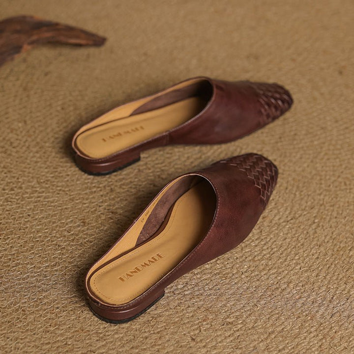 Women's Genuine Leather Woven Square-Toe Mules