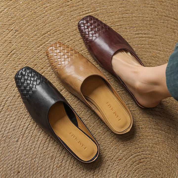 Women's Genuine Leather Woven Square-Toe Mules