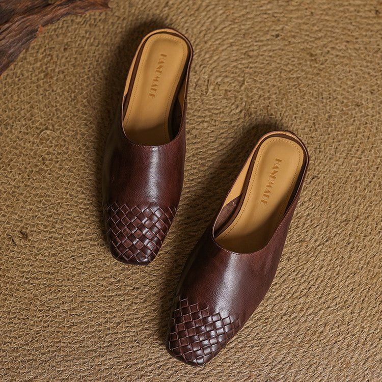 Women's Genuine Leather Woven Square-Toe Mules
