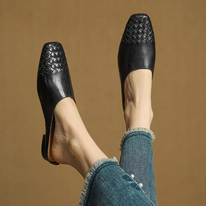 Women's Genuine Leather Woven Square-Toe Mules