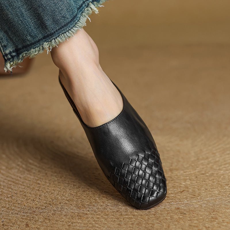 Women's Genuine Leather Woven Square-Toe Mules