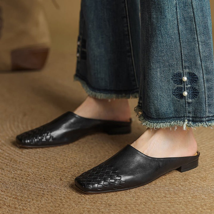 Women's Genuine Leather Woven Square-Toe Mules