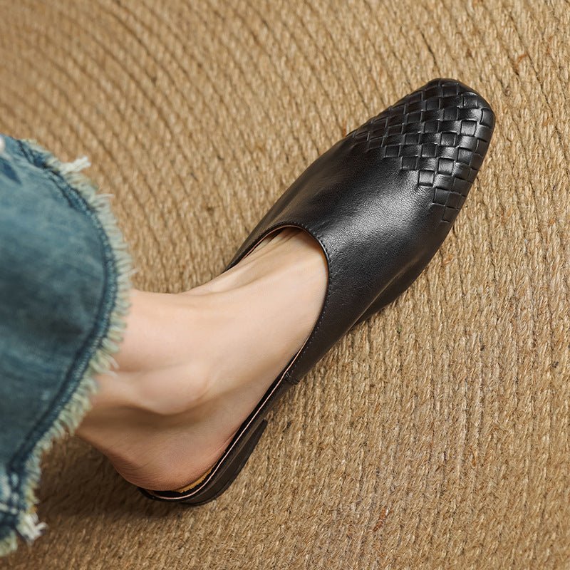 Women's Genuine Leather Woven Square-Toe Mules