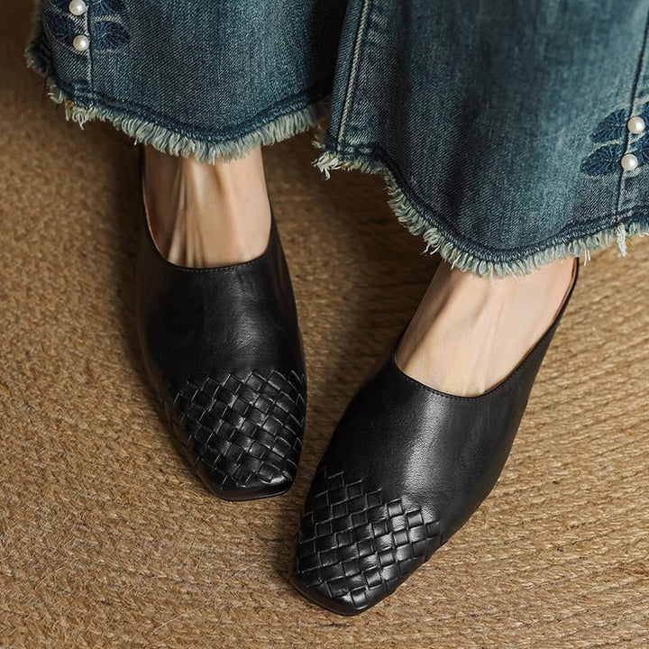 Women's Genuine Leather Woven Square-Toe Mules