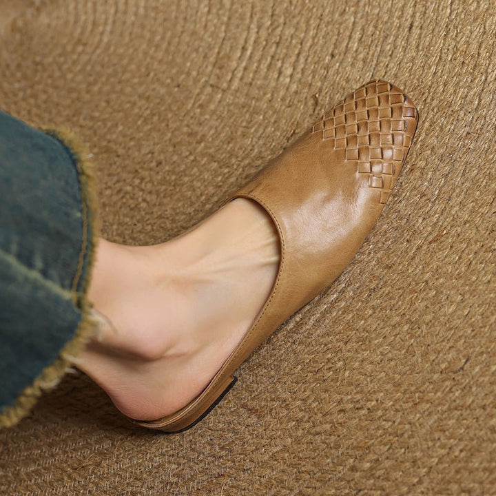 Women's Genuine Leather Woven Square-Toe Mules