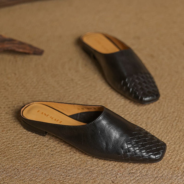 Women's Genuine Leather Woven Square-Toe Mules - Black
