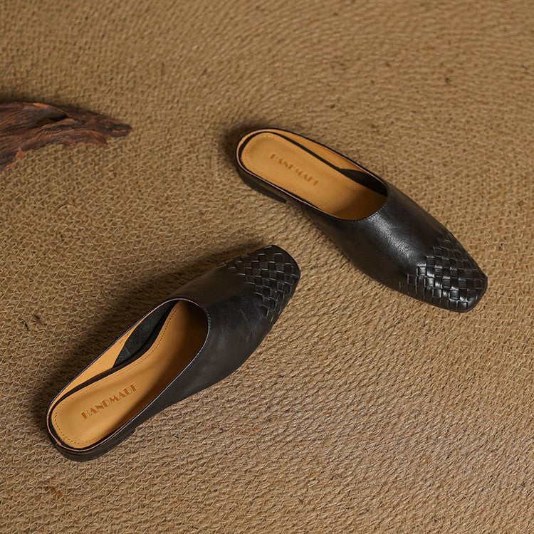 Women's Genuine Leather Woven Square-Toe Mules