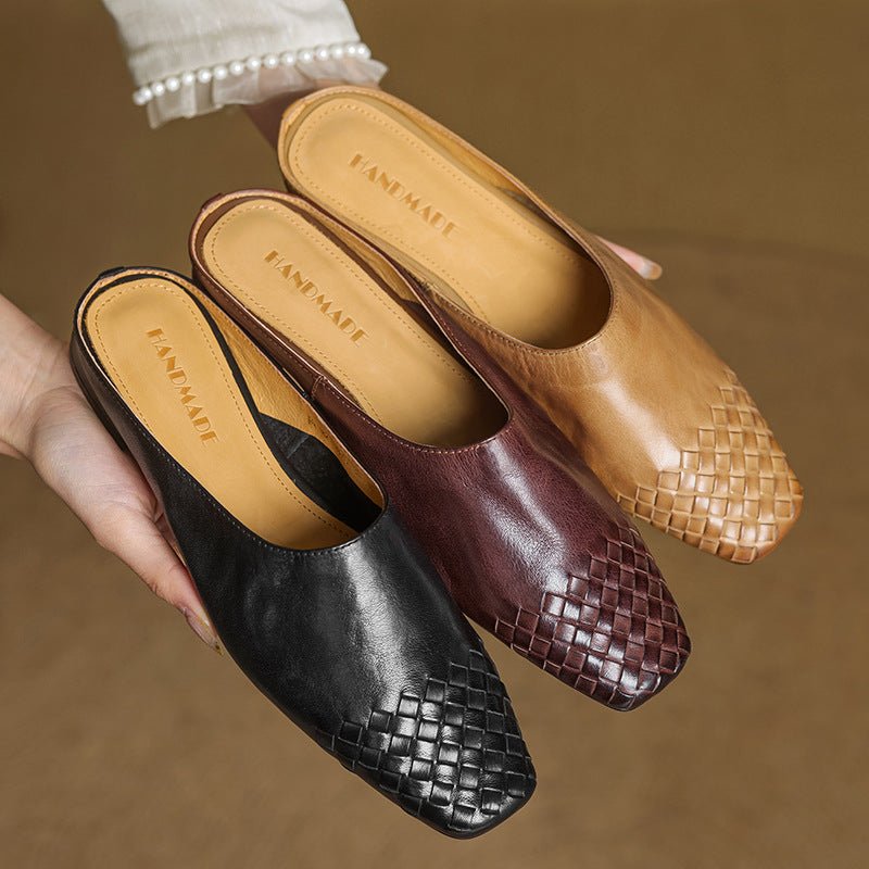 Women's Genuine Leather Woven Square-Toe Mules