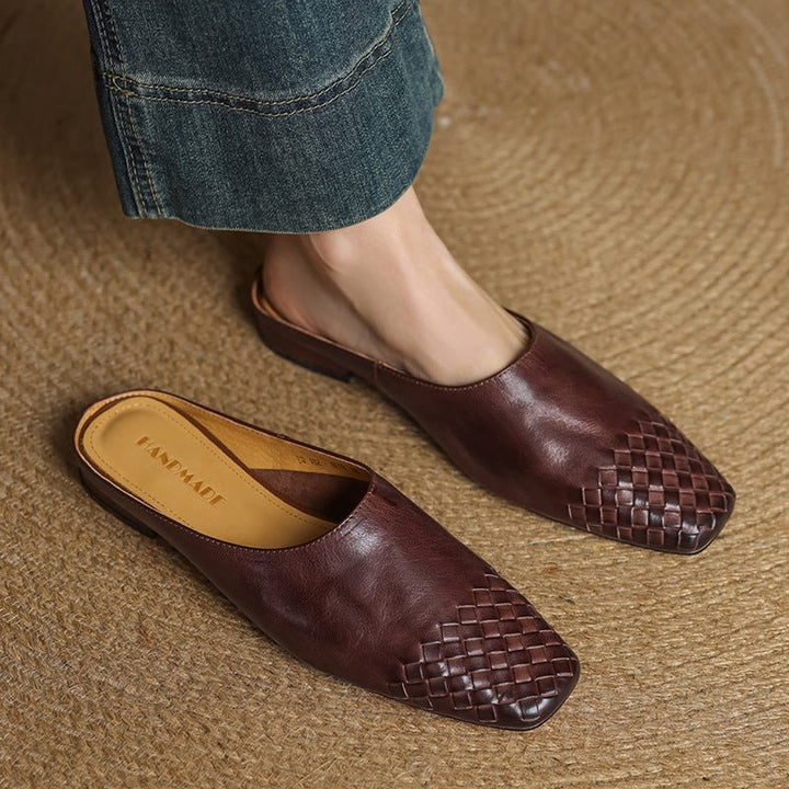 Women's Genuine Leather Woven Square-Toe Mules - Brown
