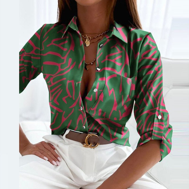 Women's Geometric Print Collared Button-Up Blouse - Green