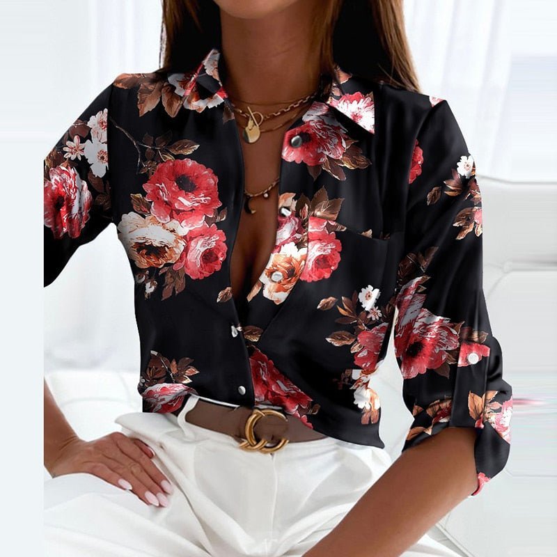 Women's Geometric Print Collared Button-Up Blouse - Black Pink Flowers