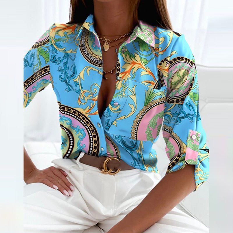 Women's Geometric Print Collared Button-Up Blouse - Light Blue