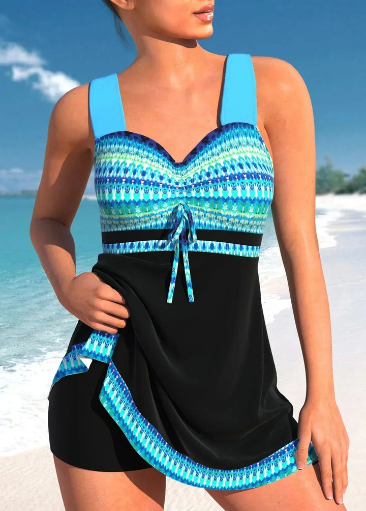 Women's Geometric Print Ruched One-Piece Swimsuit - Blauw