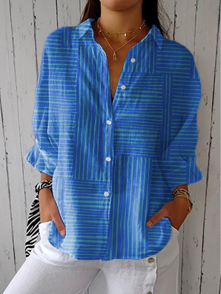 Women's Geometric Striped Button-Front Relaxed-Fit Blouse - Blue